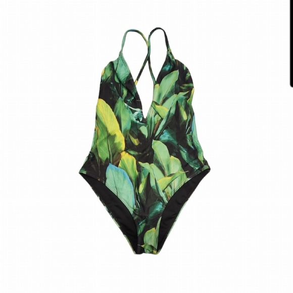 Forever 21 Leaf print One-piece bathing suit Small Green deep v strappy back - Picture 2 of 6
